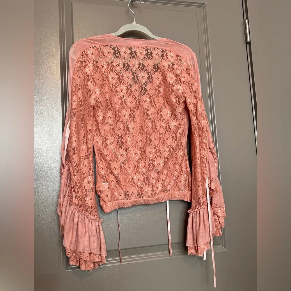 Bell Sleeve Shirt Lace Back Dressy Top with Mesh Back - Picture 2 of 6